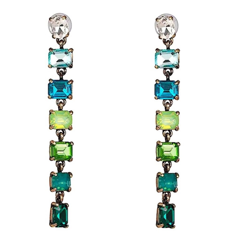 Antique Gold Emerald Cut Crystal Opal Sapphire Aquamarine Tassel Drop Earrings